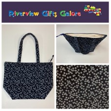 Large Tote Bag With Zip - White Flowers on Ink (Navy) Large Tote Bag With Zip - White Flowers on Ink (Navy)